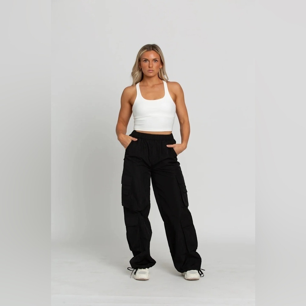 Gold Hinge Black parachute Cargo Pants medium multi pockets